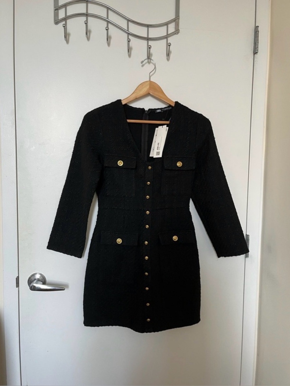 (NWT) Zara Wool Blend Gold Button Textured Tweed Short Dress. Black. Size XS